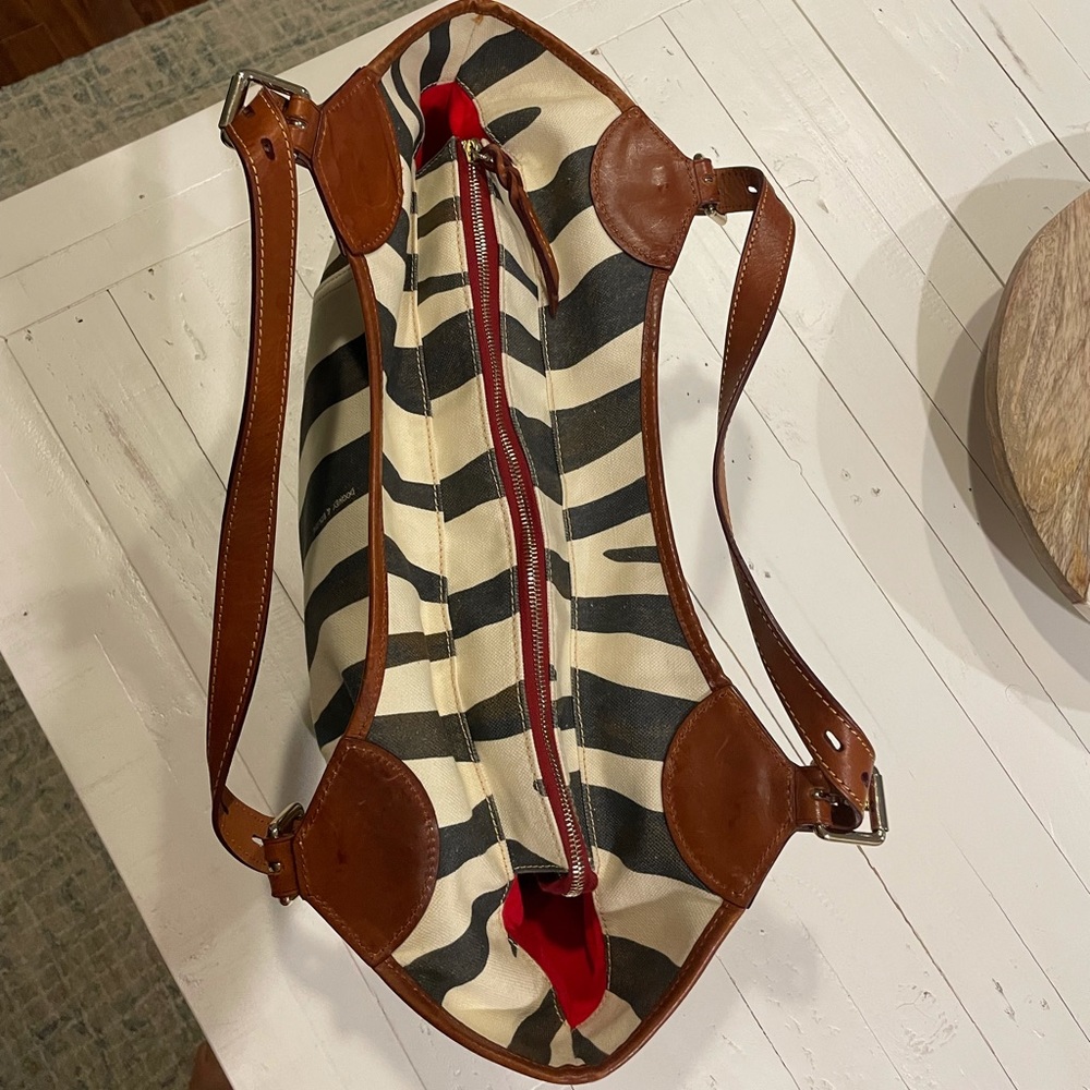 Dooney & Bourke Cream and Black Striped Canvas Tote with Brown Leather Trim - Picture 7 of 10